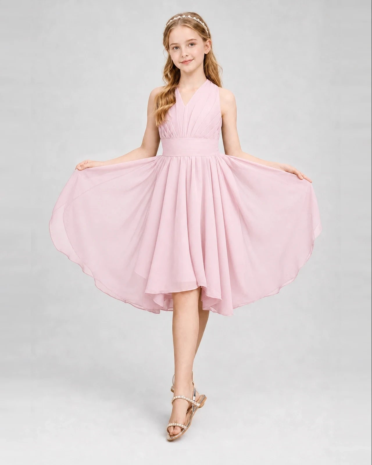 Dideyttawl Ruched V-Neck Chiffon Junior Bridesmaid Dress with Bow