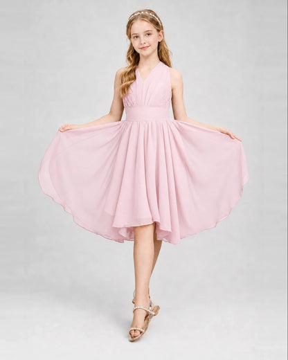 Dideyttawl Ruched V-Neck Chiffon Junior Bridesmaid Dress with Bow