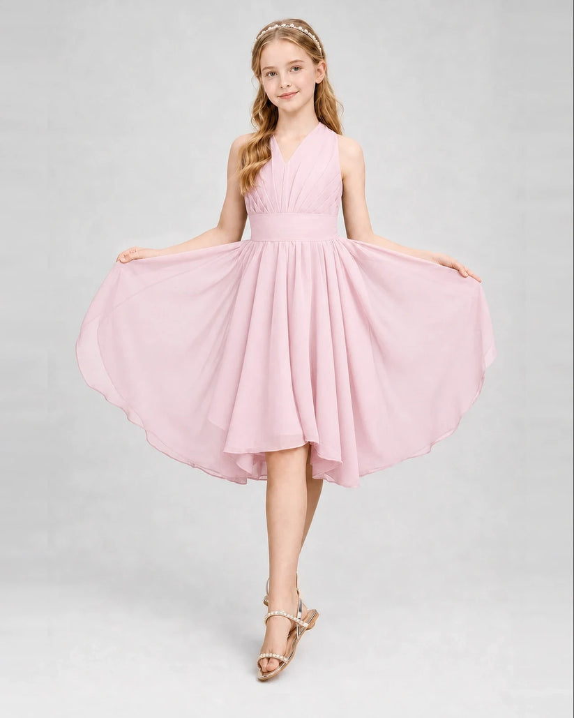 Pink Chiffon V-Neck A-Line Junior Bridesmaid Dresses Side View