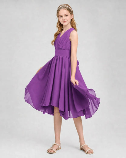 Dideyttawl Ruched V-Neck Chiffon Junior Bridesmaid Dress with Bow