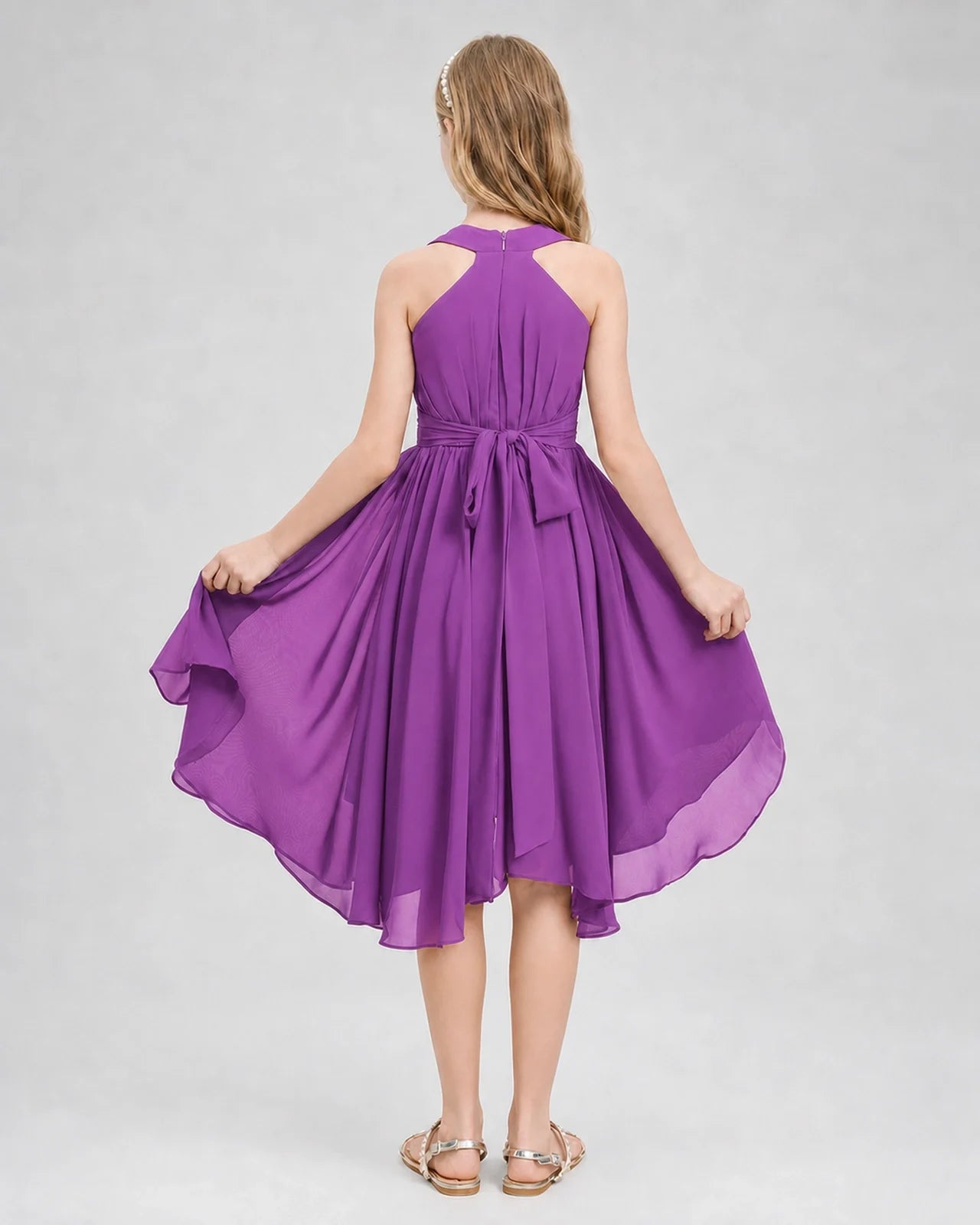 Dideyttawl Ruched V-Neck Chiffon Junior Bridesmaid Dress with Bow