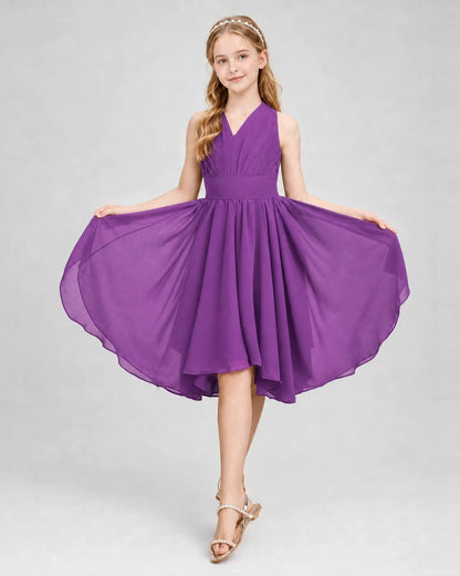 Dideyttawl Ruched V-Neck Chiffon Junior Bridesmaid Dress with Bow