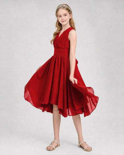 Dideyttawl Ruched V-Neck Chiffon Junior Bridesmaid Dress with Bow
