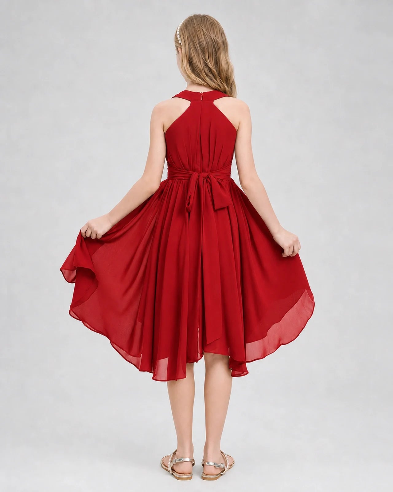 Dideyttawl Ruched V-Neck Chiffon Junior Bridesmaid Dress with Bow