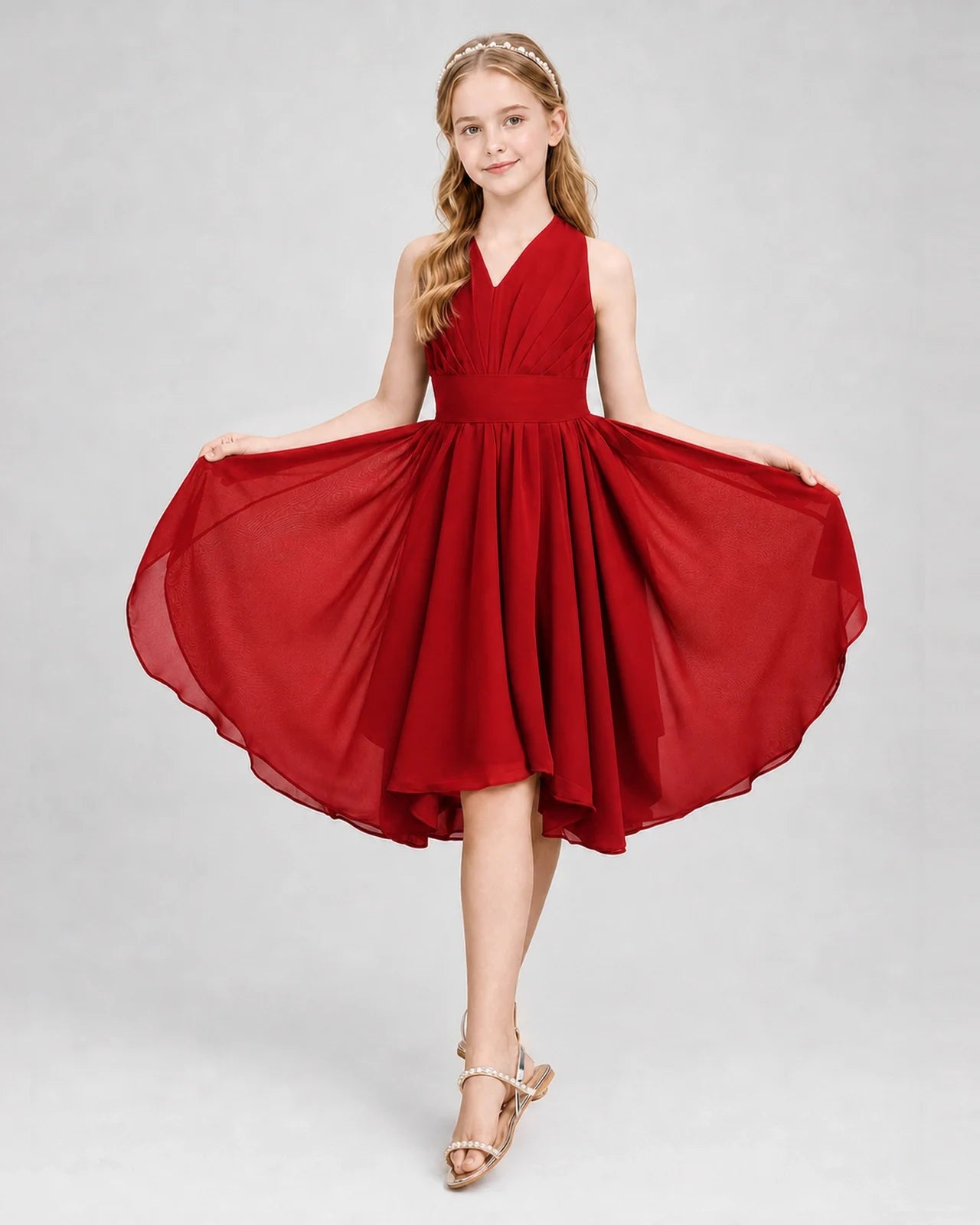 Dideyttawl Ruched V-Neck Chiffon Junior Bridesmaid Dress with Bow
