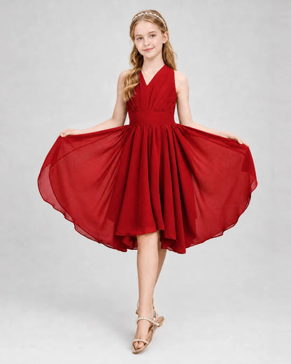 Dideyttawl Ruched V-Neck Chiffon Junior Bridesmaid Dress with Bow