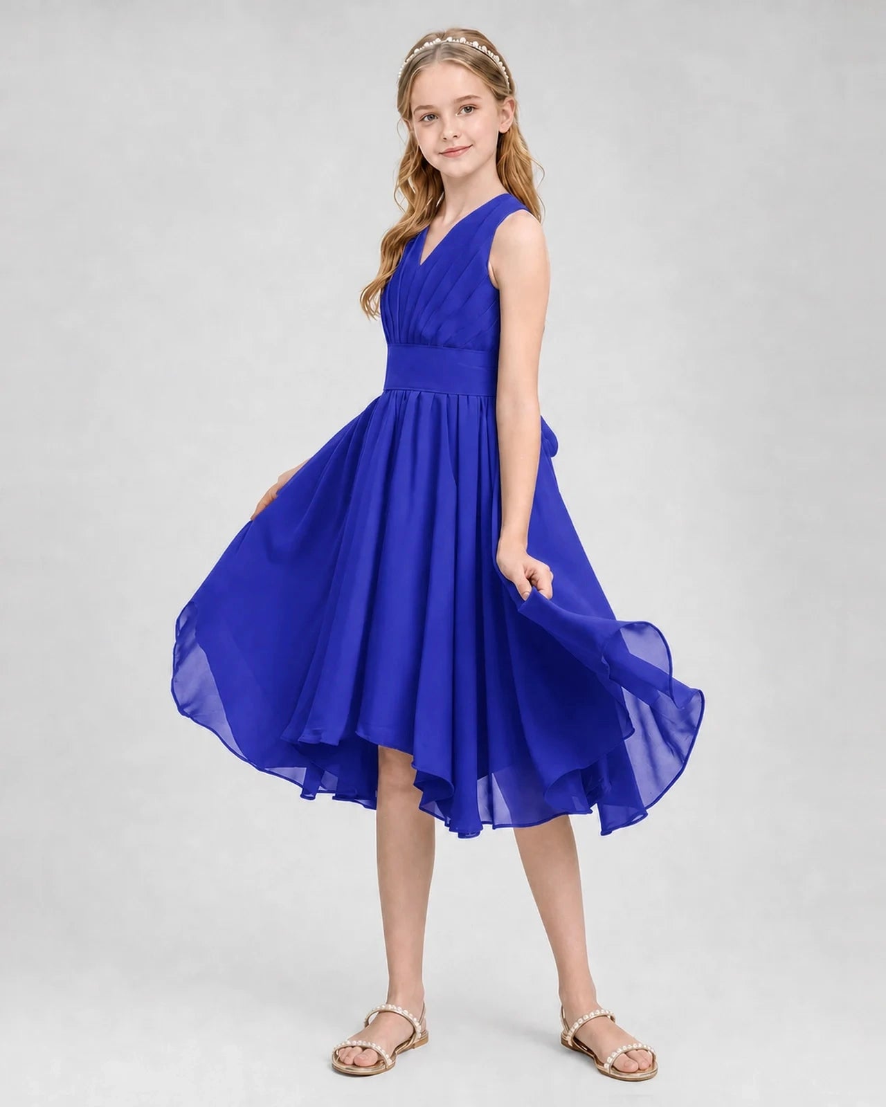 Dideyttawl Ruched V-Neck Chiffon Junior Bridesmaid Dress with Bow