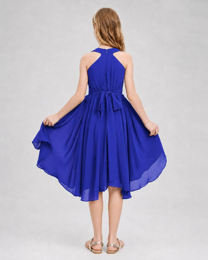 Dideyttawl Ruched V-Neck Chiffon Junior Bridesmaid Dress with Bow