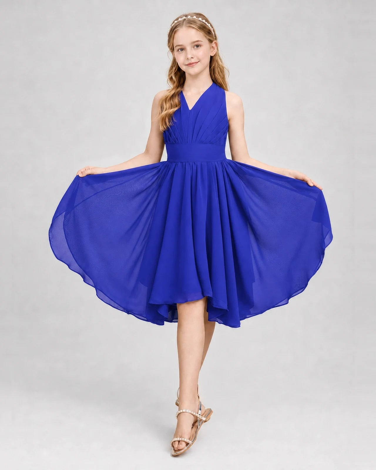 Dideyttawl Ruched V-Neck Chiffon Junior Bridesmaid Dress with Bow
