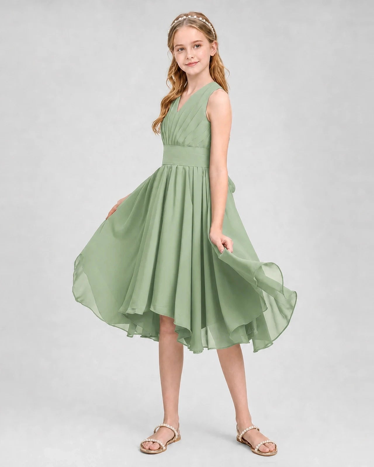 Dideyttawl Ruched V-Neck Chiffon Junior Bridesmaid Dress with Bow