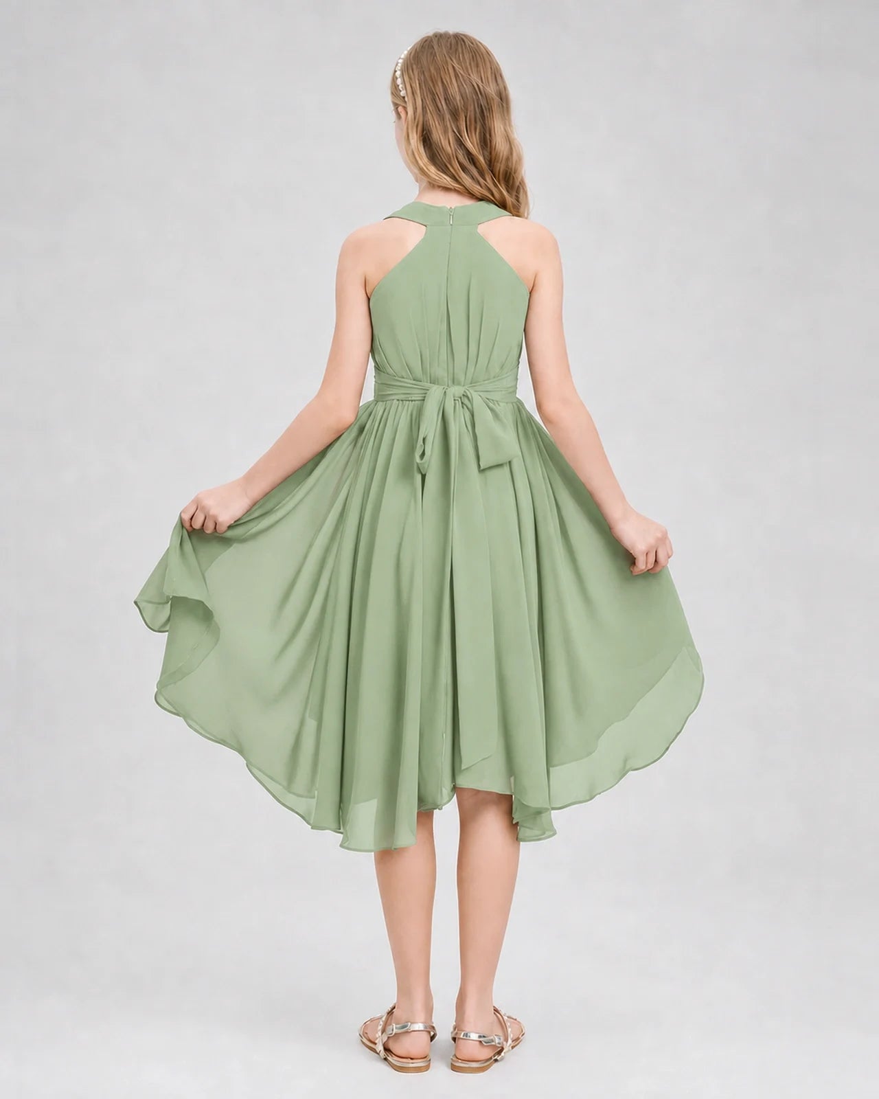 Dideyttawl Ruched V-Neck Chiffon Junior Bridesmaid Dress with Bow