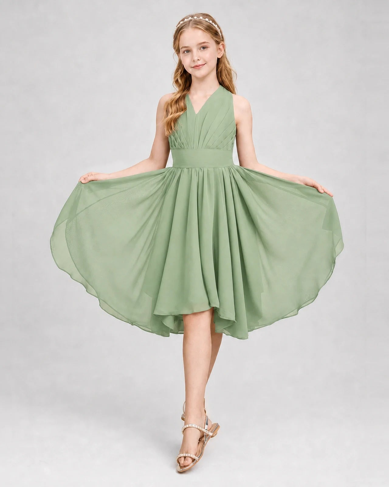 Dideyttawl Ruched V-Neck Chiffon Junior Bridesmaid Dress with Bow