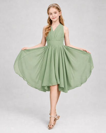 Dideyttawl Ruched V-Neck Chiffon Junior Bridesmaid Dress with Bow