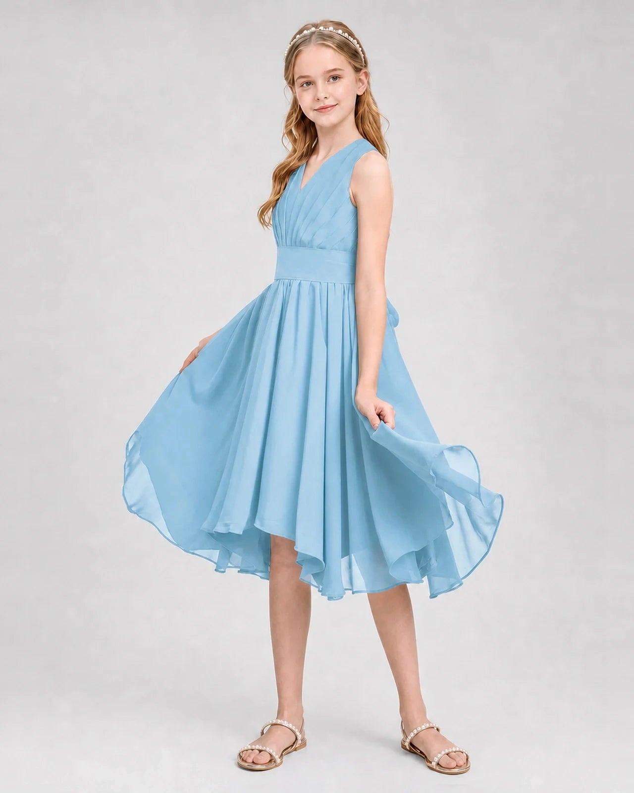 Dideyttawl Ruched V-Neck Chiffon Junior Bridesmaid Dress with Bow