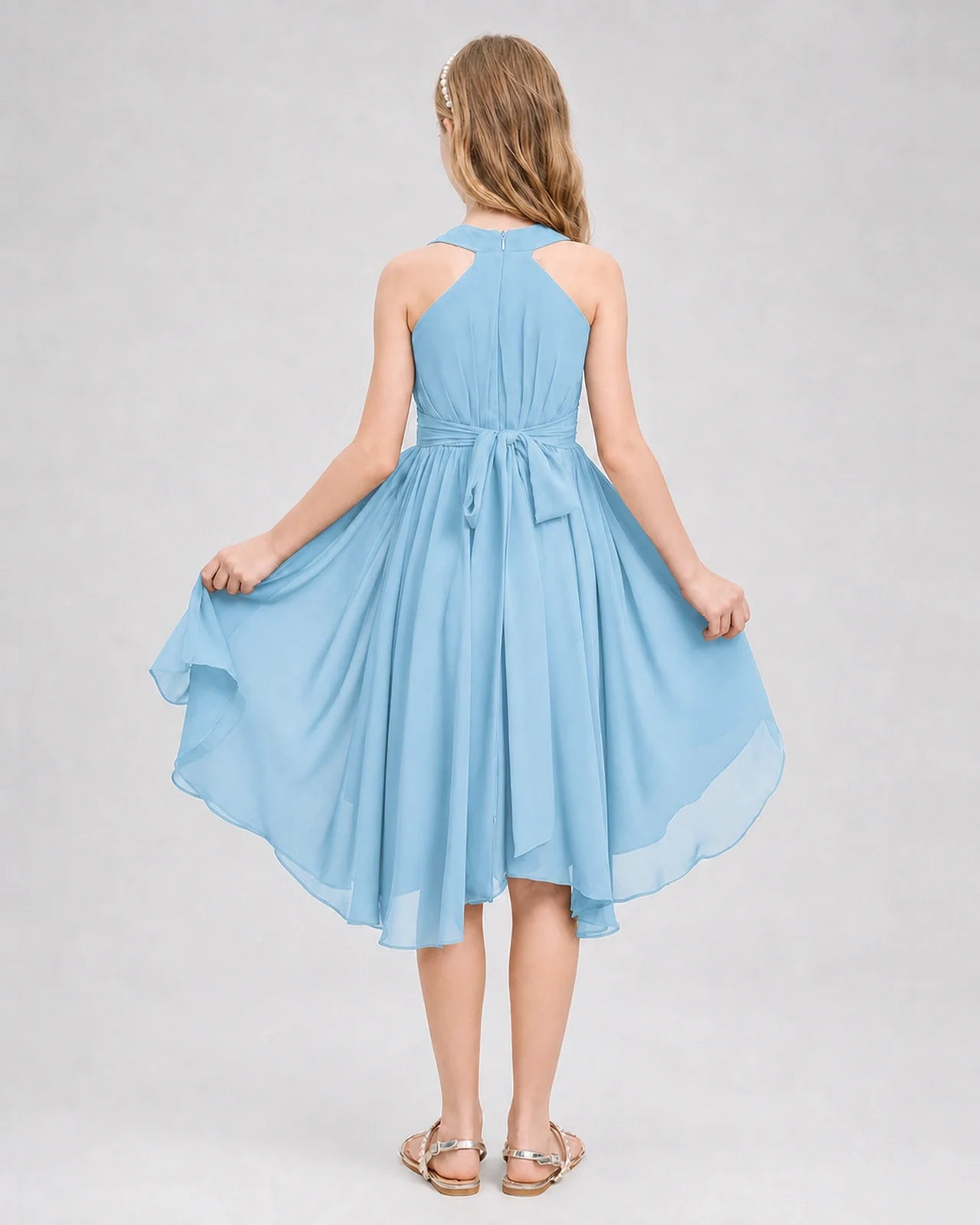 Dideyttawl Ruched V-Neck Chiffon Junior Bridesmaid Dress with Bow