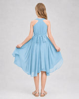 Sky blue chiffon halter A-line junior bridesmaid dress, back view
