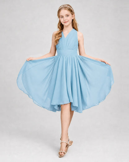 Dideyttawl Ruched V-Neck Chiffon Junior Bridesmaid Dress with Bow