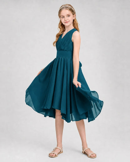 Dideyttawl Ruched V-Neck Chiffon Junior Bridesmaid Dress with Bow