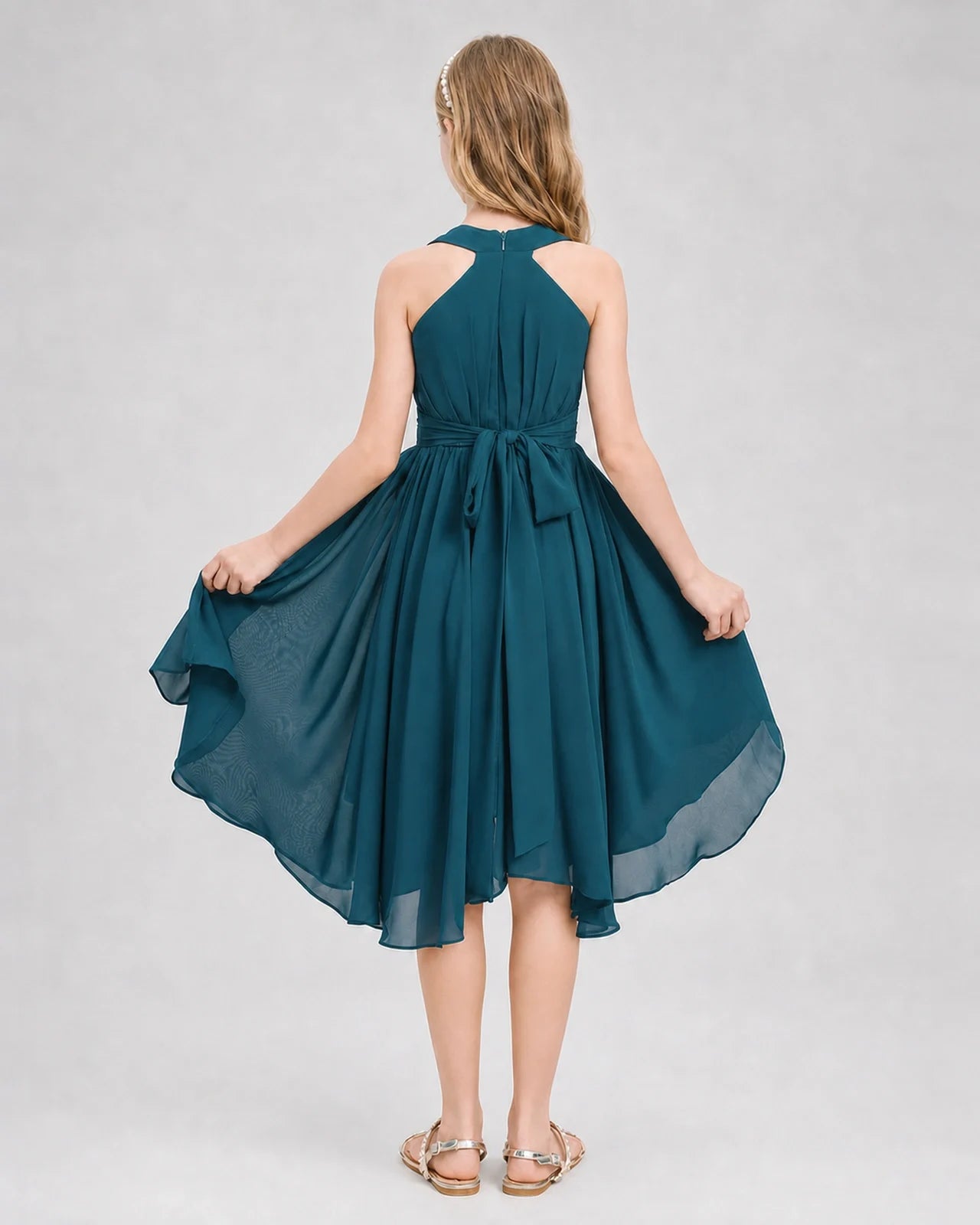 Dideyttawl Ruched V-Neck Chiffon Junior Bridesmaid Dress with Bow