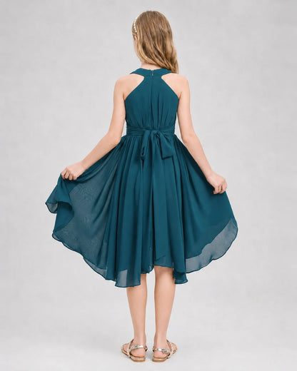 Dideyttawl Ruched V-Neck Chiffon Junior Bridesmaid Dress with Bow