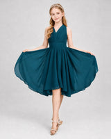 Teal Chiffon V-neck Pleated Junior Bridesmaid Dresses Side View