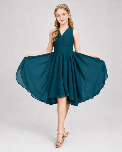 Dideyttawl Ruched V-Neck Chiffon Junior Bridesmaid Dress with Bow