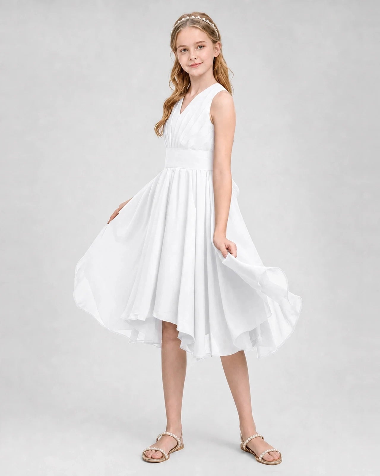 Dideyttawl Ruched V-Neck Chiffon Junior Bridesmaid Dress with Bow