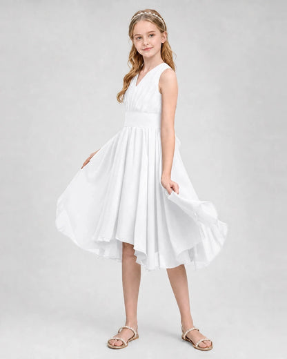 Dideyttawl Ruched V-Neck Chiffon Junior Bridesmaid Dress with Bow
