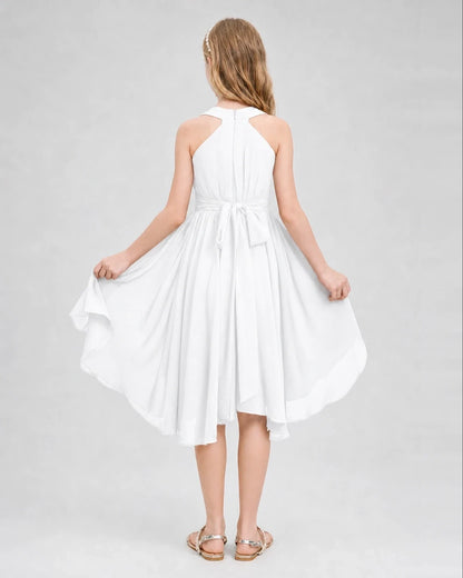 Dideyttawl Ruched V-Neck Chiffon Junior Bridesmaid Dress with Bow
