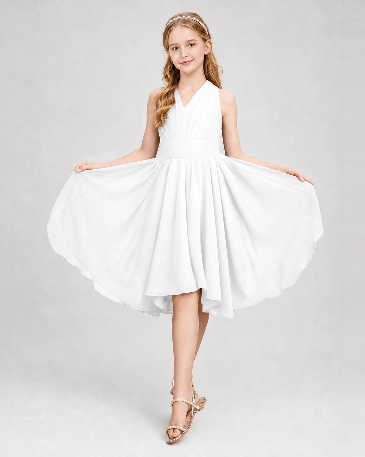 Dideyttawl Ruched V-Neck Chiffon Junior Bridesmaid Dress with Bow