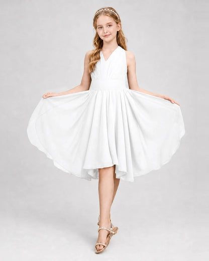 Dideyttawl Ruched V-Neck Chiffon Junior Bridesmaid Dress with Bow