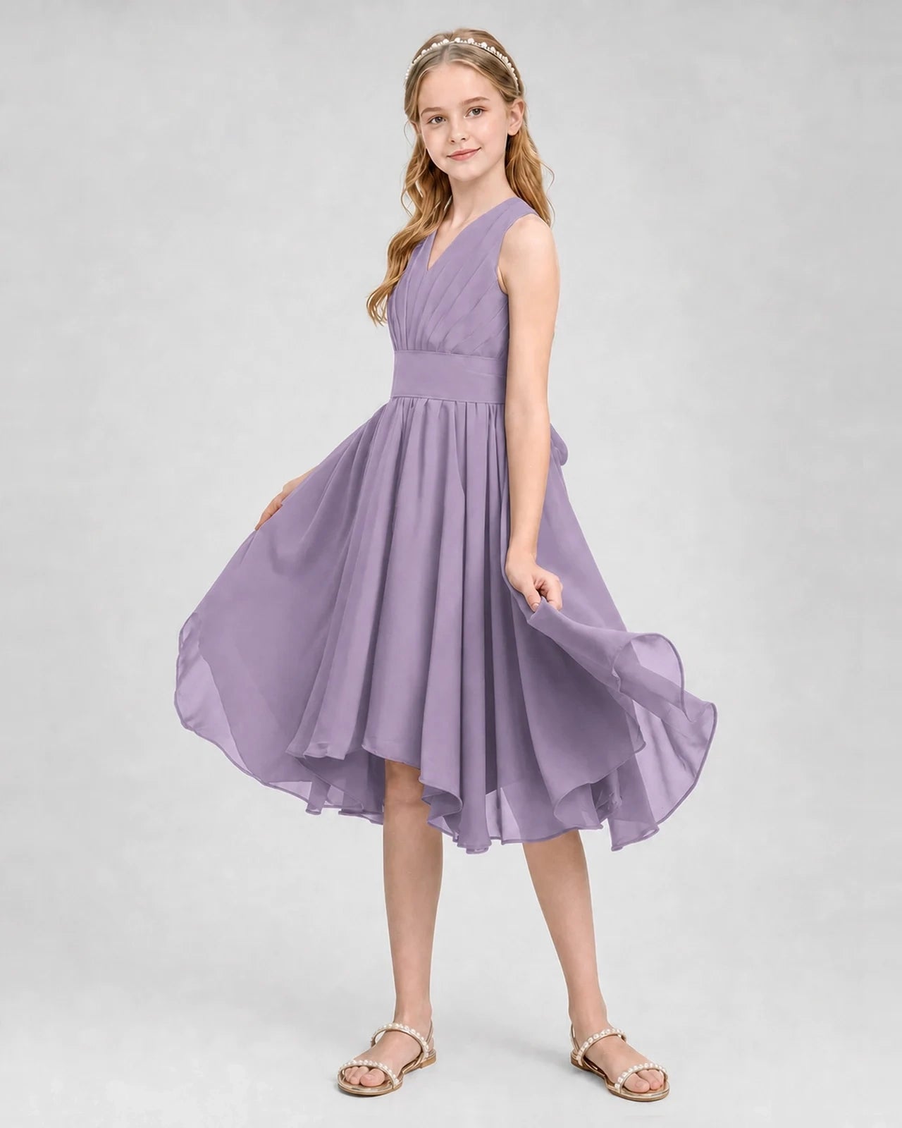 Dideyttawl Ruched V-Neck Chiffon Junior Bridesmaid Dress with Bow