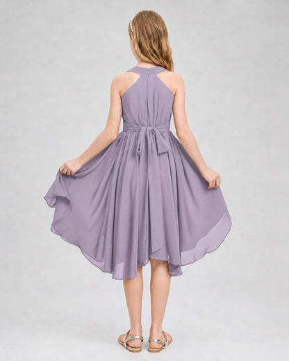 Dideyttawl Ruched V-Neck Chiffon Junior Bridesmaid Dress with Bow