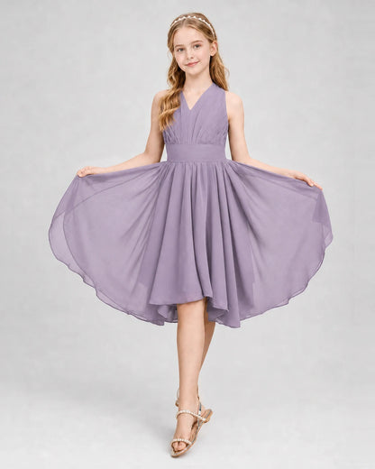 Dideyttawl Ruched V-Neck Chiffon Junior Bridesmaid Dress with Bow