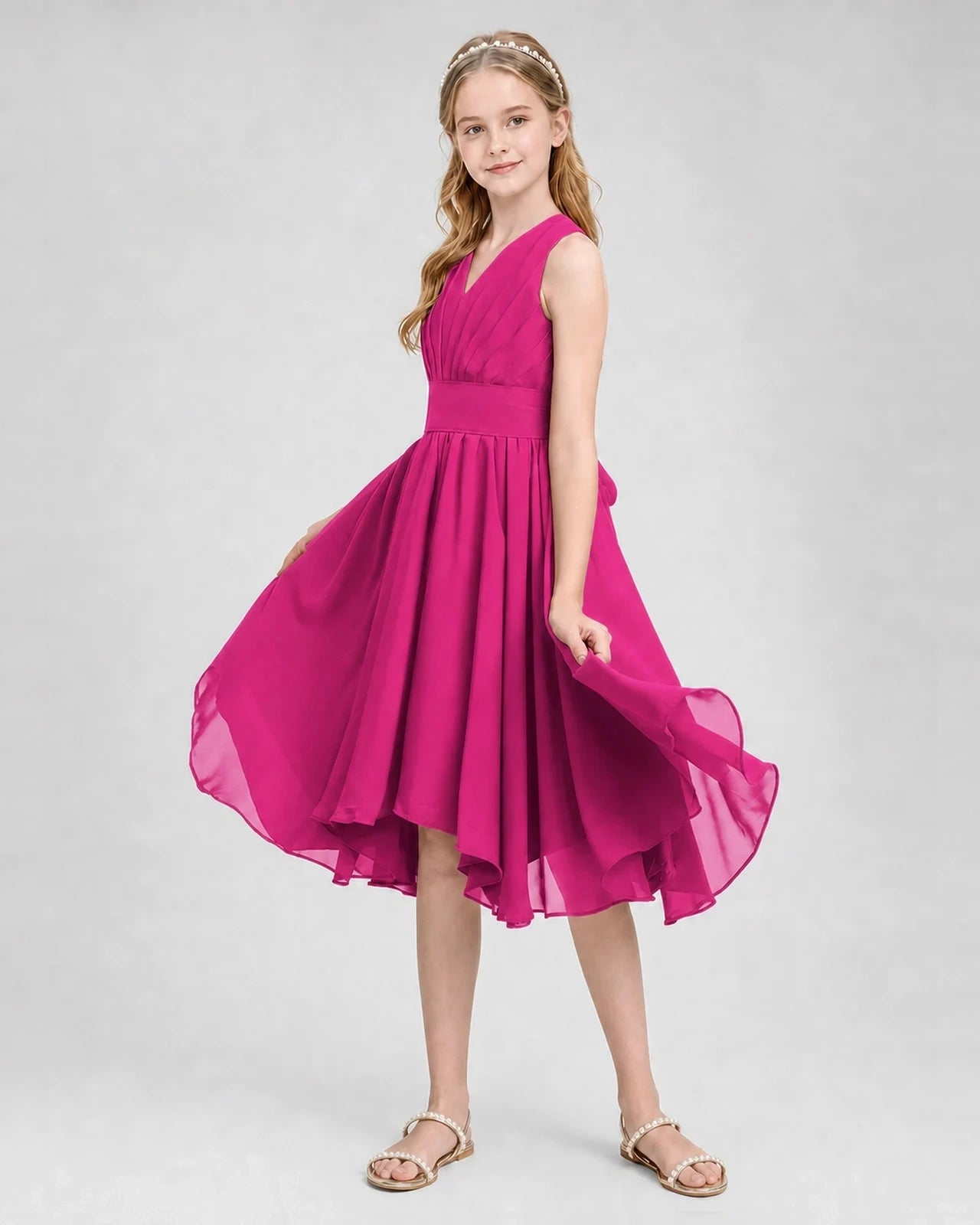Dideyttawl Ruched V-Neck Chiffon Junior Bridesmaid Dress with Bow
