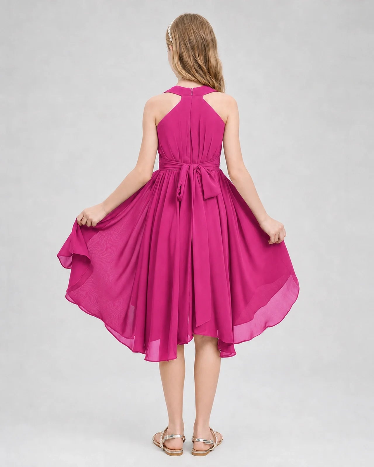 Dideyttawl Ruched V-Neck Chiffon Junior Bridesmaid Dress with Bow