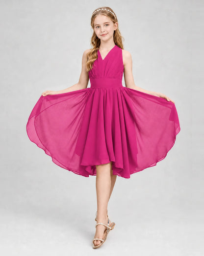 Dideyttawl Ruched V-Neck Chiffon Junior Bridesmaid Dress with Bow