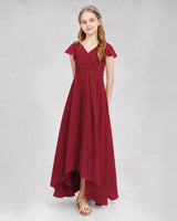 Burgundy Chiffon V-Neck Junior Bridesmaid Dresses Front View