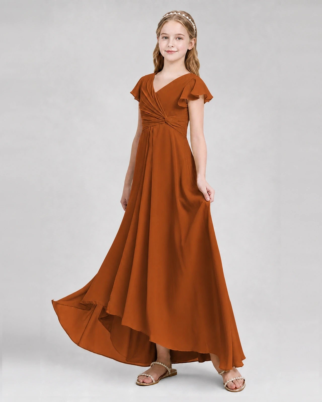 Dideyttawl Flutter Sleeve Chiffon Junior Bridesmaid Dress