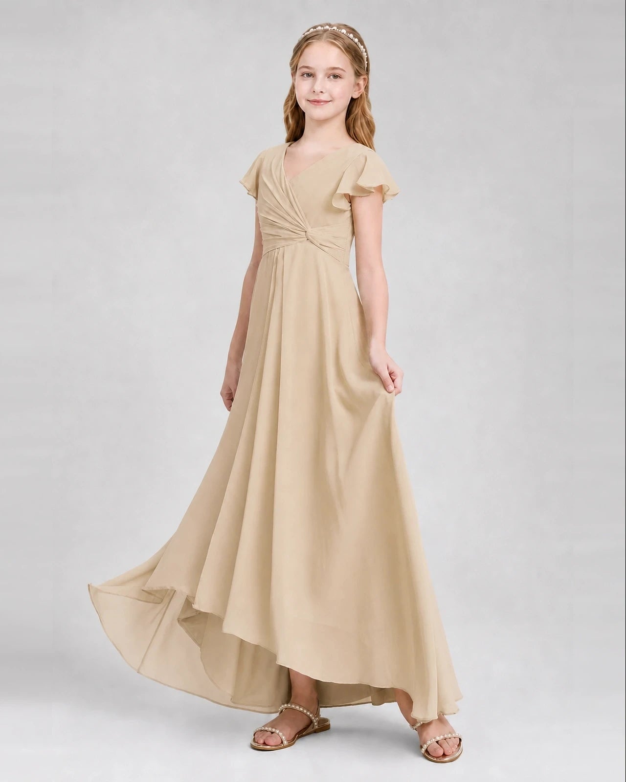 Dideyttawl Flutter Sleeve Chiffon Junior Bridesmaid Dress