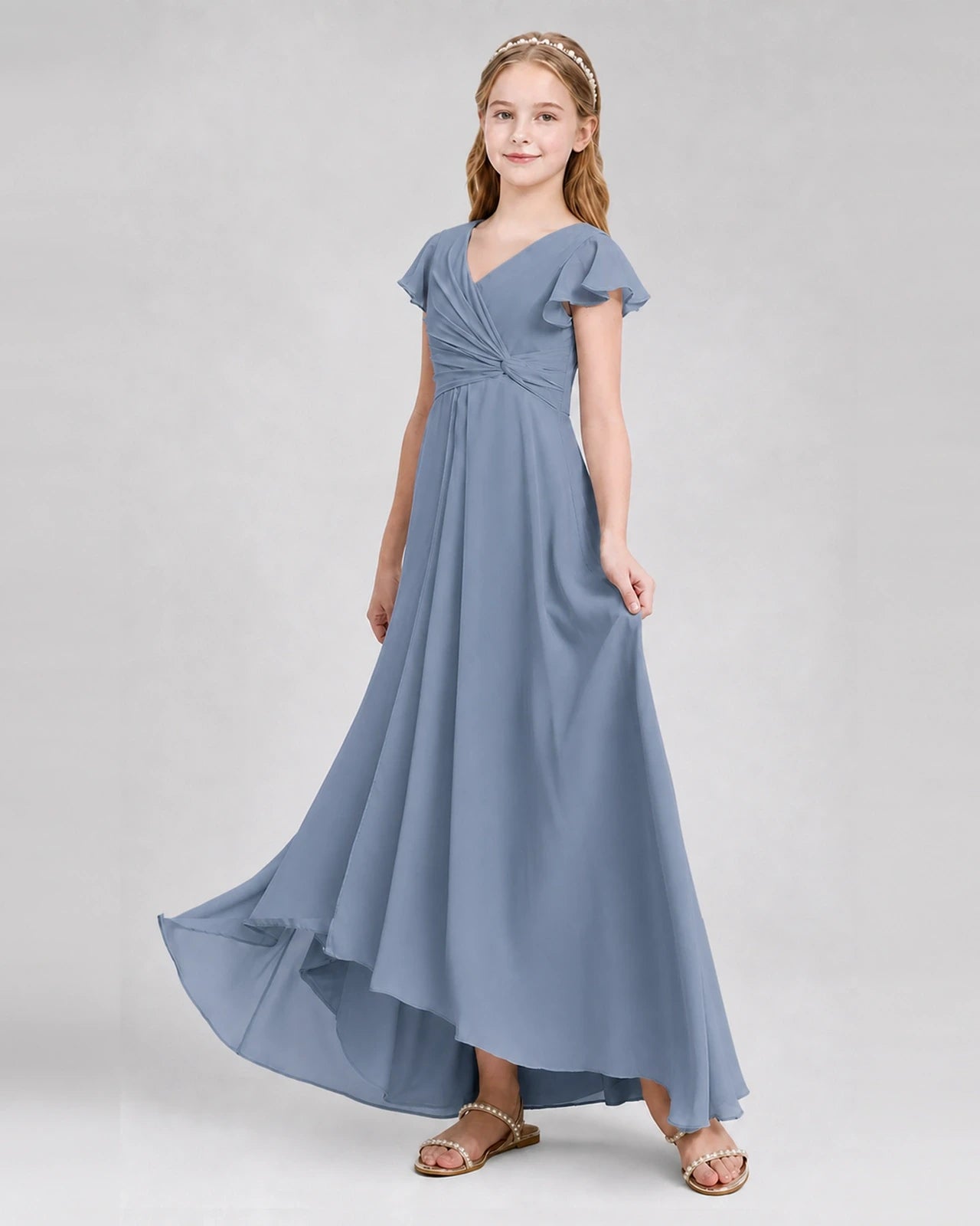 Dideyttawl Flutter Sleeve Chiffon Junior Bridesmaid Dress