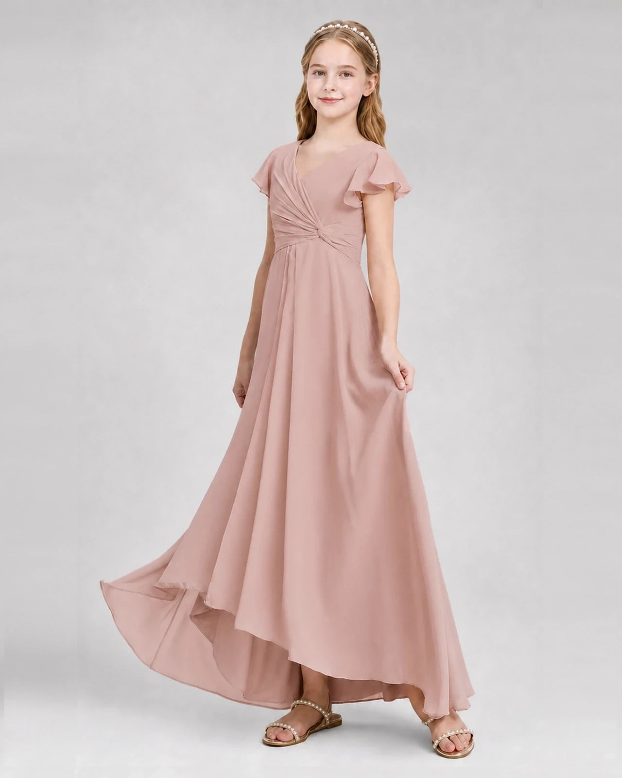Dideyttawl Flutter Sleeve Chiffon Junior Bridesmaid Dress