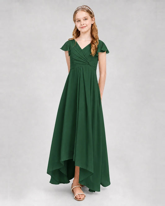 Emerald Green Chiffon Pleated High Low Junior Bridesmaid Dresses Front View