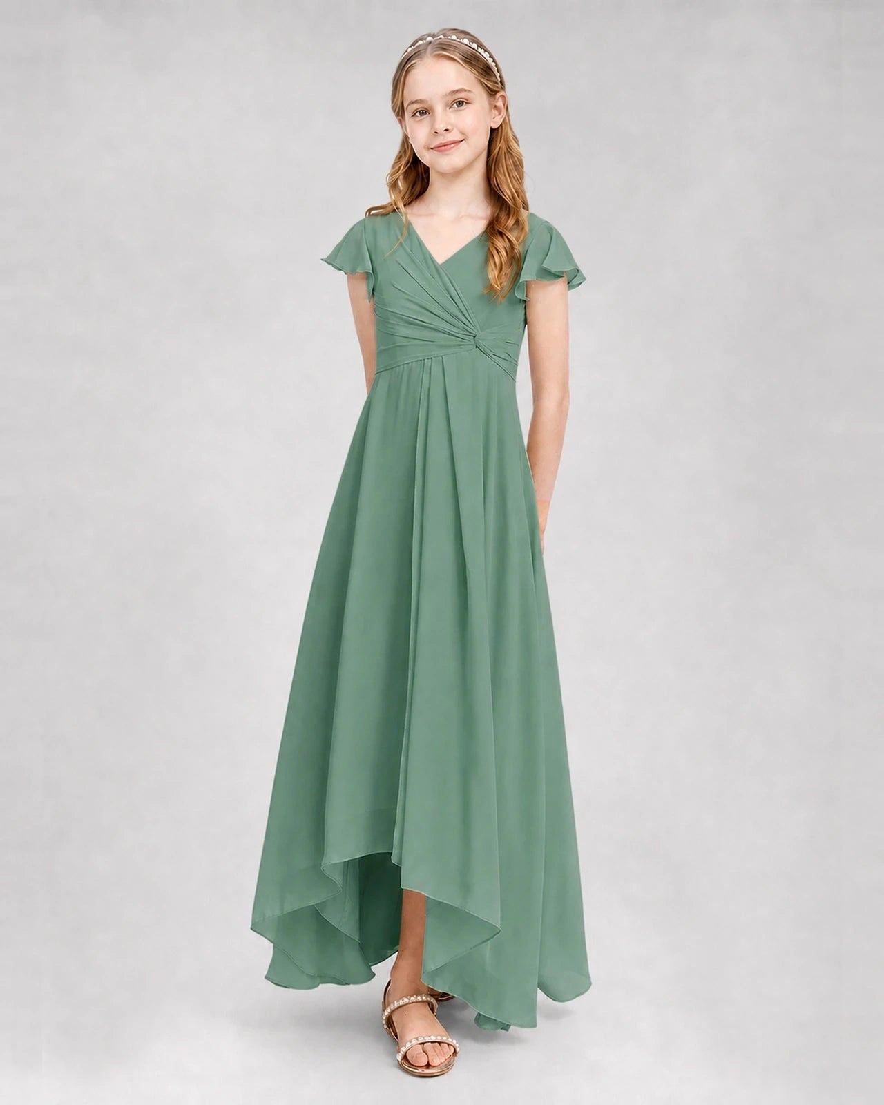Eucalyptus Chiffon High-Low Junior Bridesmaid Dresses Front View