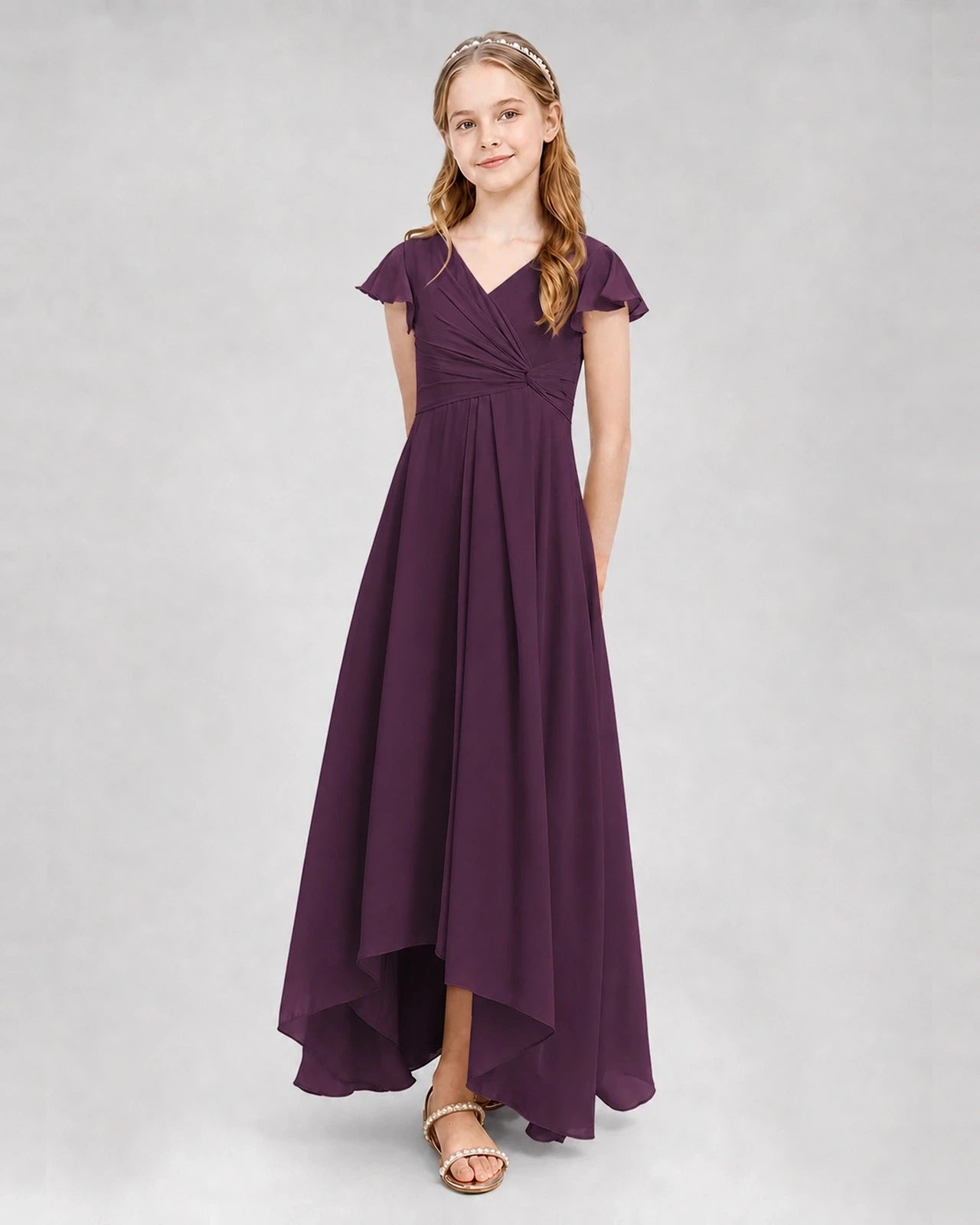 Dideyttawl Flutter Sleeve Chiffon Junior Bridesmaid Dress