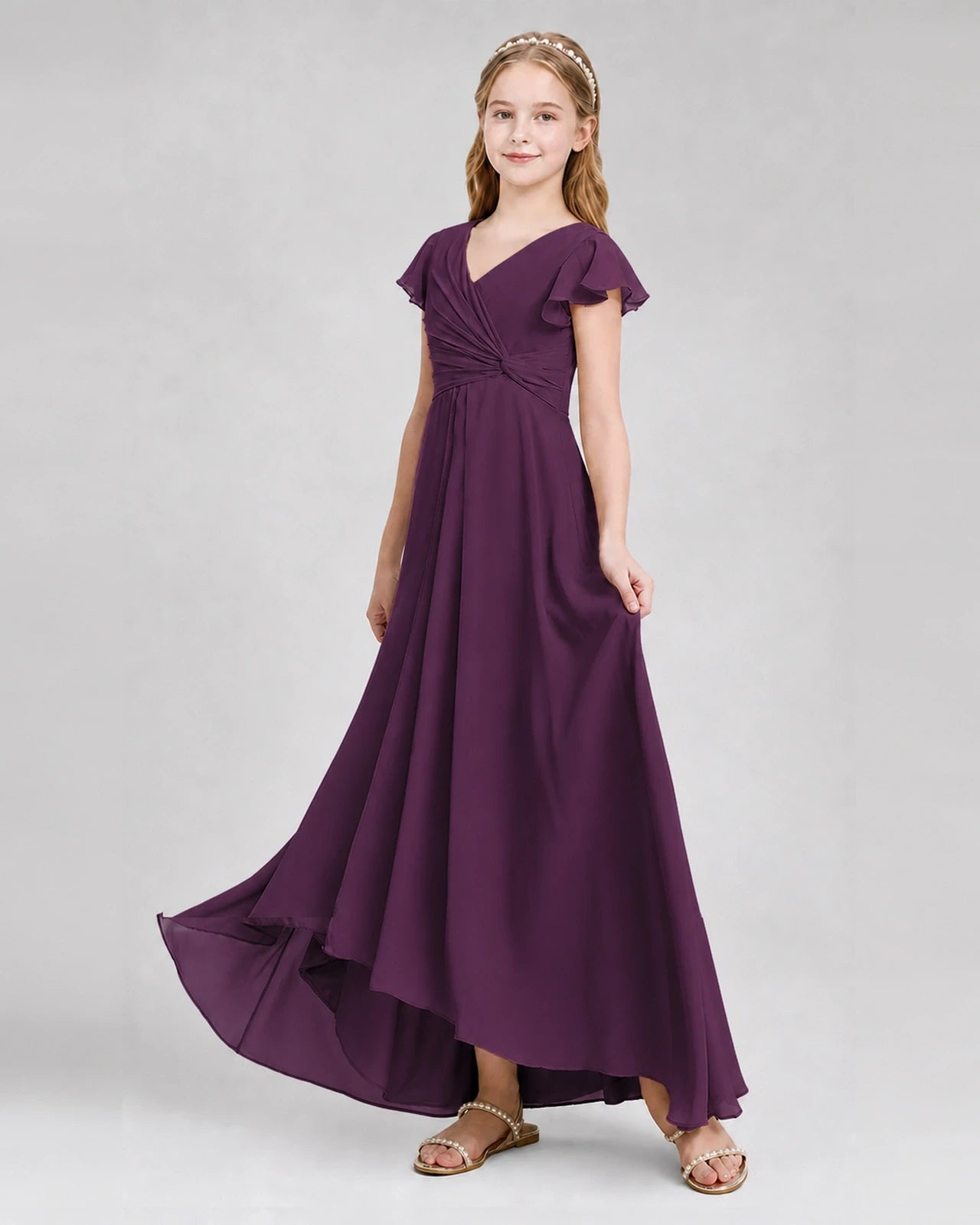 Dideyttawl Flutter Sleeve Chiffon Junior Bridesmaid Dress
