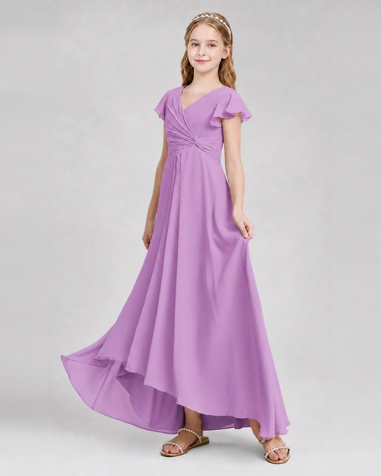 Dideyttawl Flutter Sleeve Chiffon Junior Bridesmaid Dress
