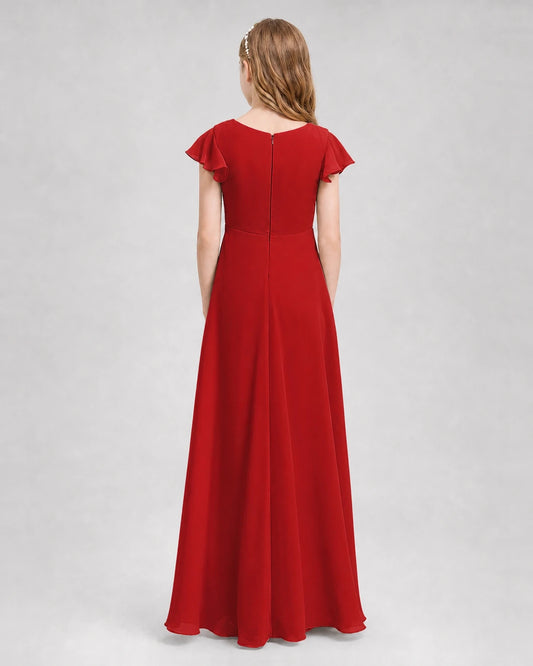 Red Chiffon Flutter Sleeve Junior Bridesmaid Dresses Back View