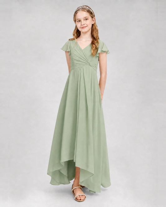 Sage Green Chiffon High Low Junior Bridesmaid Dresses Front View