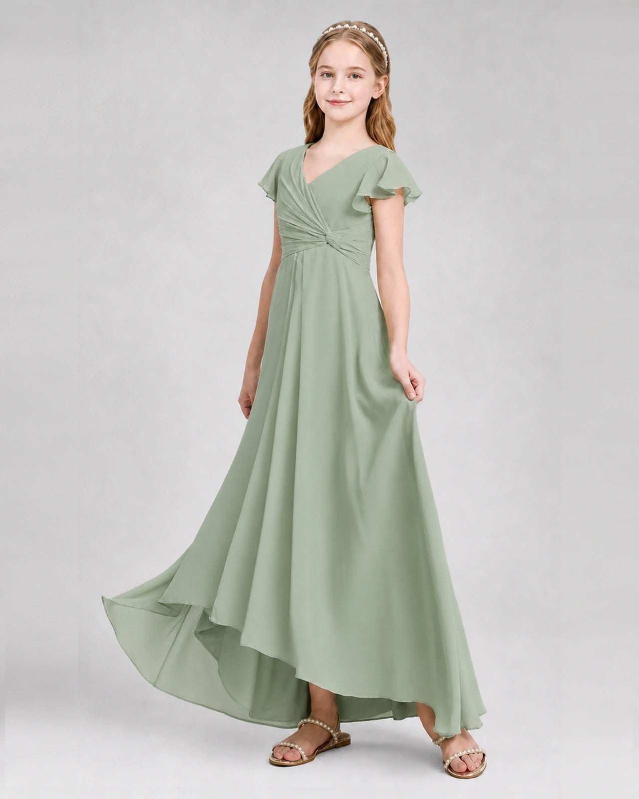 Dideyttawl Flutter Sleeve Chiffon Junior Bridesmaid Dress